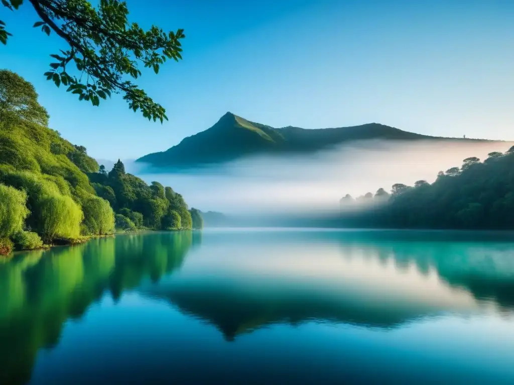 Beneficios de la poesía en salud mental: Lago sereno reflejando cielo azul y árboles verdes, transmitiendo calma y serenidad