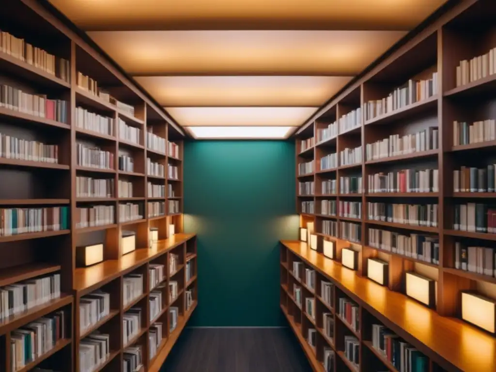 Explora la biblioteca moderna de la Generación del 27, elegante y acogedora, con estanterías ordenadas y cálida iluminación