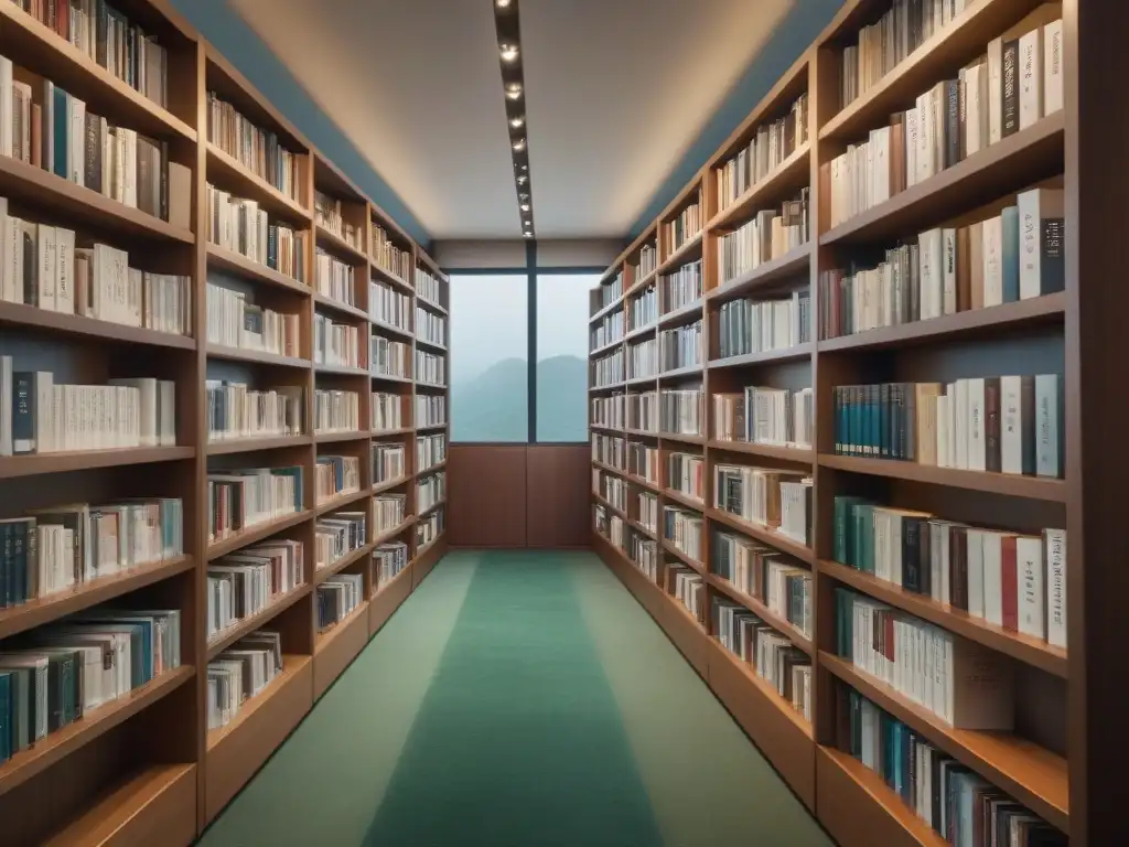 Una biblioteca surcoreana moderna con libros de poesía contemporánea, destilando tranquilidad y elegancia