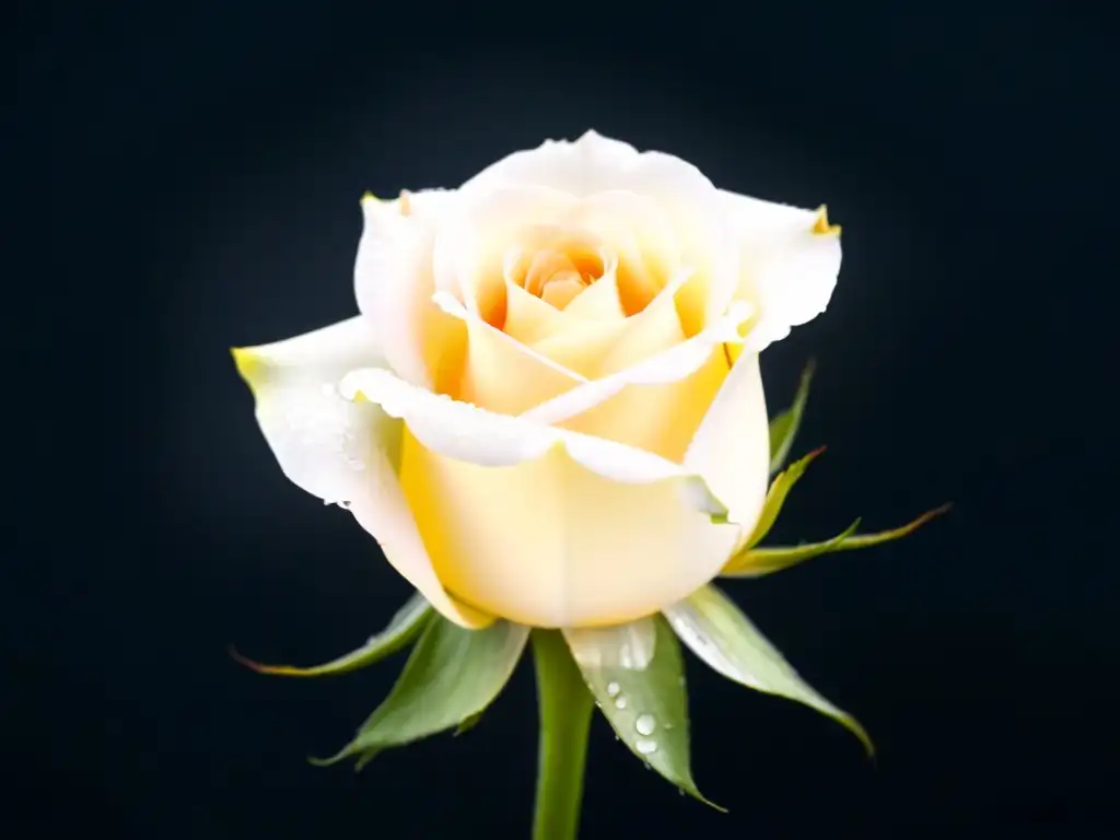 Una rosa blanca con gotas de rocío en un fondo negro, expresando el poder transformador de la poesía