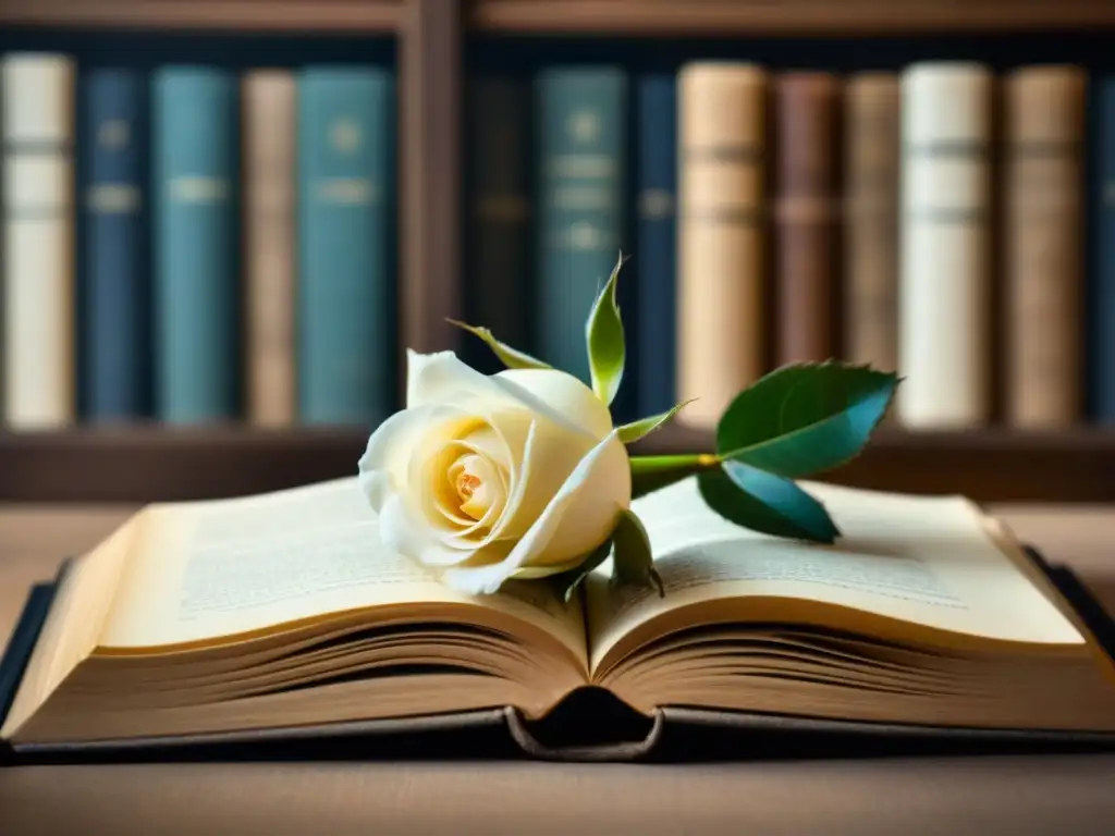 Una rosa blanca sobre un libro antiguo con 'Derechos Humanos', en una biblioteca evocadora de poesía y memoria