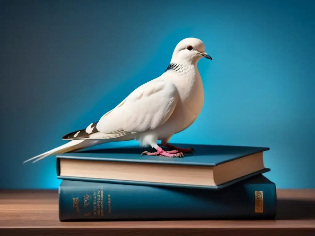 Una blanca paloma reposa en libros, con luz suave resaltando sus detalles