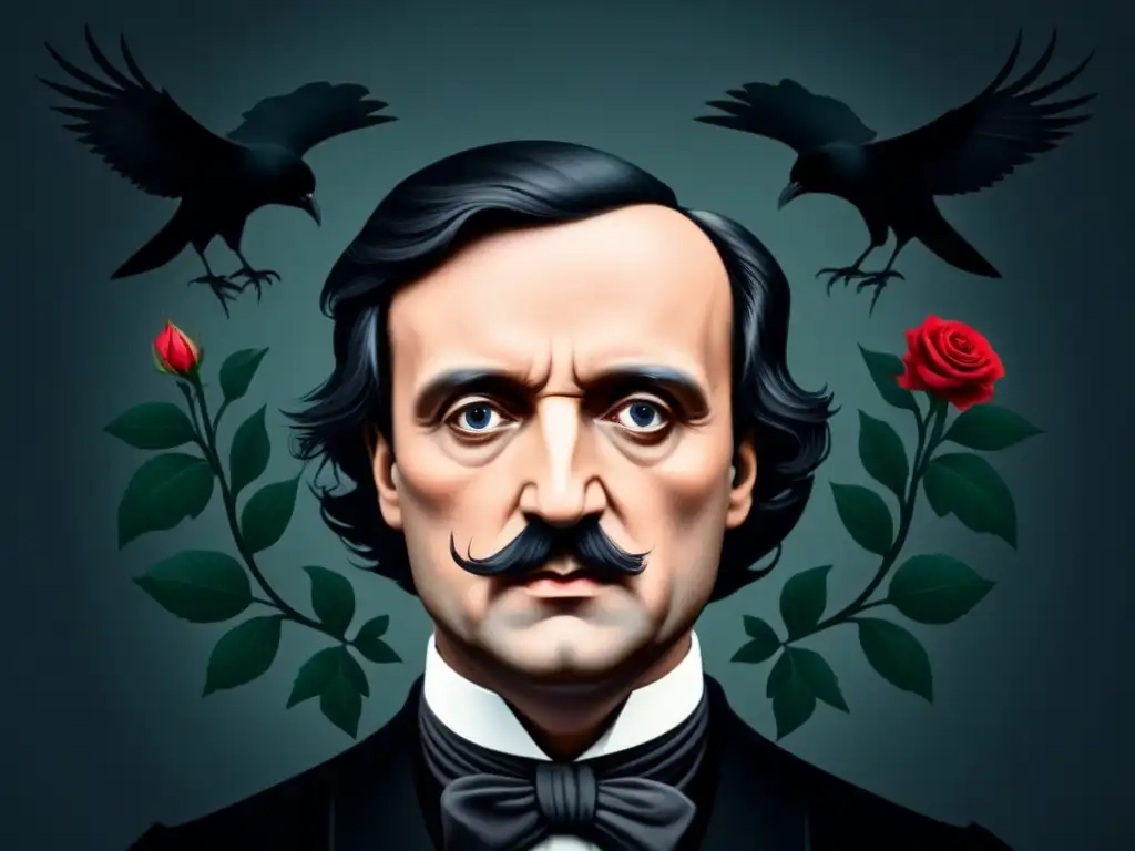 Ilustración en blanco y negro de Edgar Allan Poe: oscuridad y belleza en contraste, reflejando la dualidad de su obra literaria