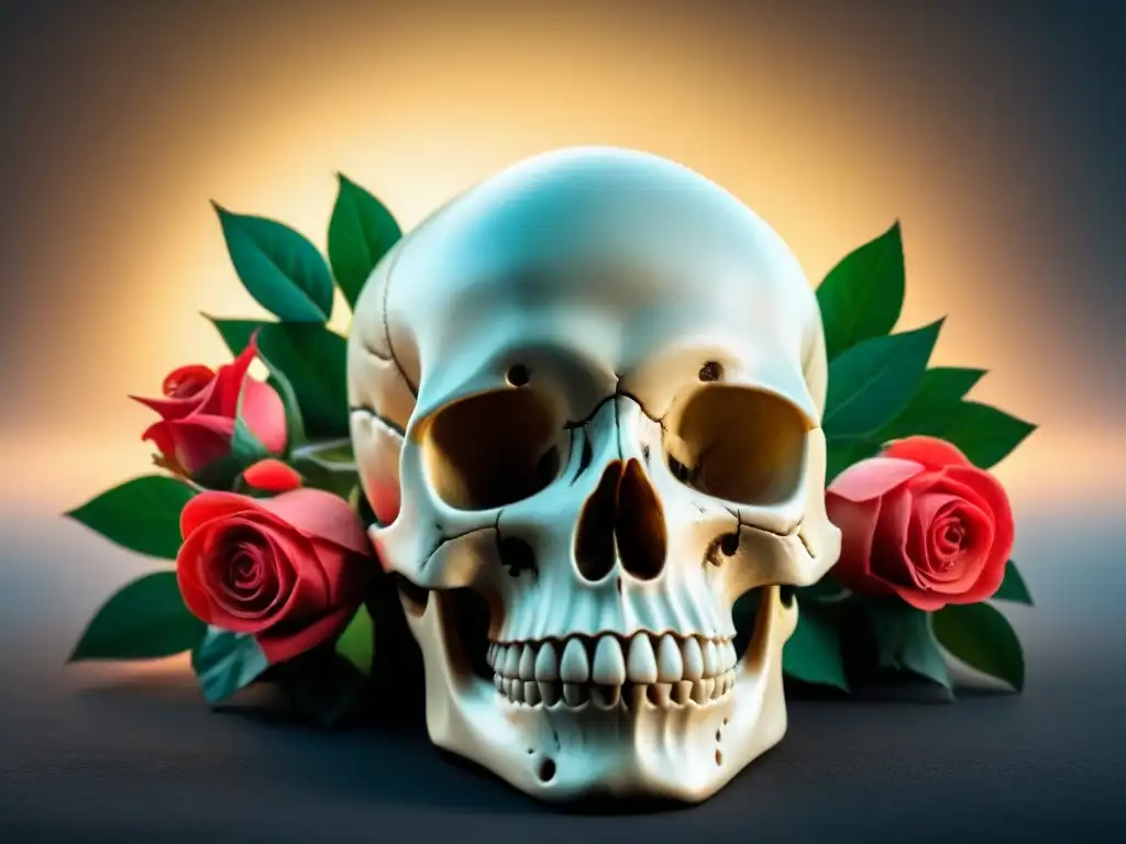 Ilustración en blanco y negro de una calavera rodeada de rosas, simbolizando la mortalidad y la belleza en el análisis 'Muerte sin fin' de Gorostiza