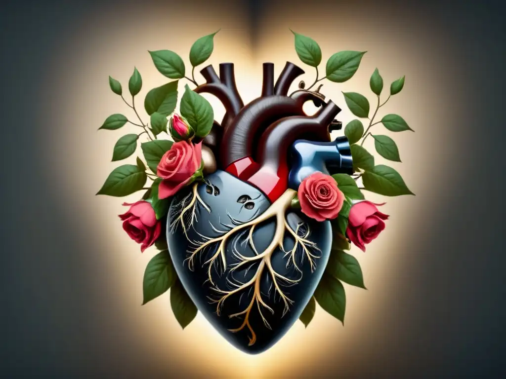 Ilustración en blanco y negro de un corazón entrelazado con rosas y viñas, evocando la poesía amorosa de Gaspara Stampa