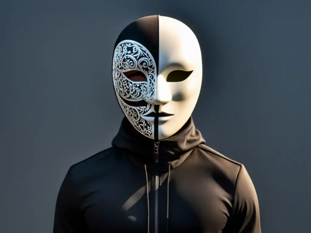 Ilustración en blanco y negro de una figura enmascarada representando la dualidad, mitad en luz y mitad en sombra, simbolizando los temas contrastantes de luz y oscuridad en la obra de Tirso de Molina