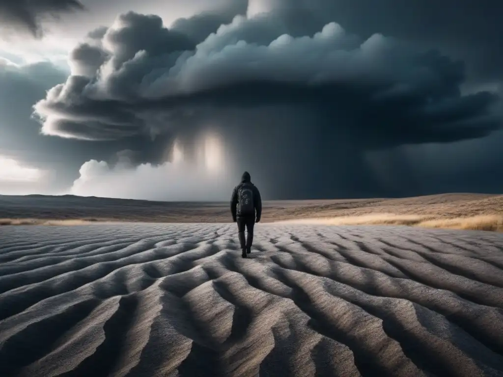 Ilustración en blanco y negro de figura solitaria en paisaje árido