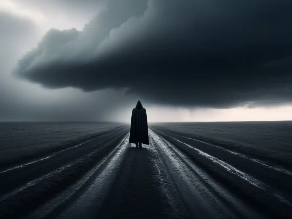 Ilustración en blanco y negro de figura solitaria bajo nubes tormentosas, evocando el análisis de 'Los Cantos de Maldoror'