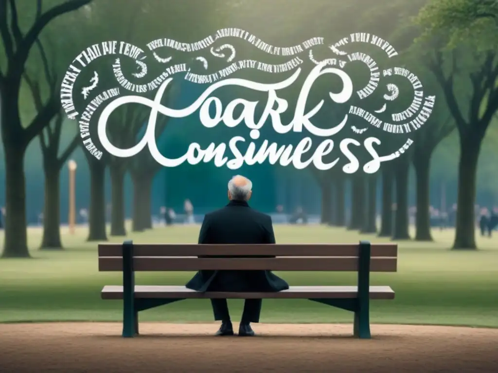 Reflexión poética: transformando la conciencia social Ilustración en blanco y negro de una figura solitaria en un banco del parque, rodeada de palabras