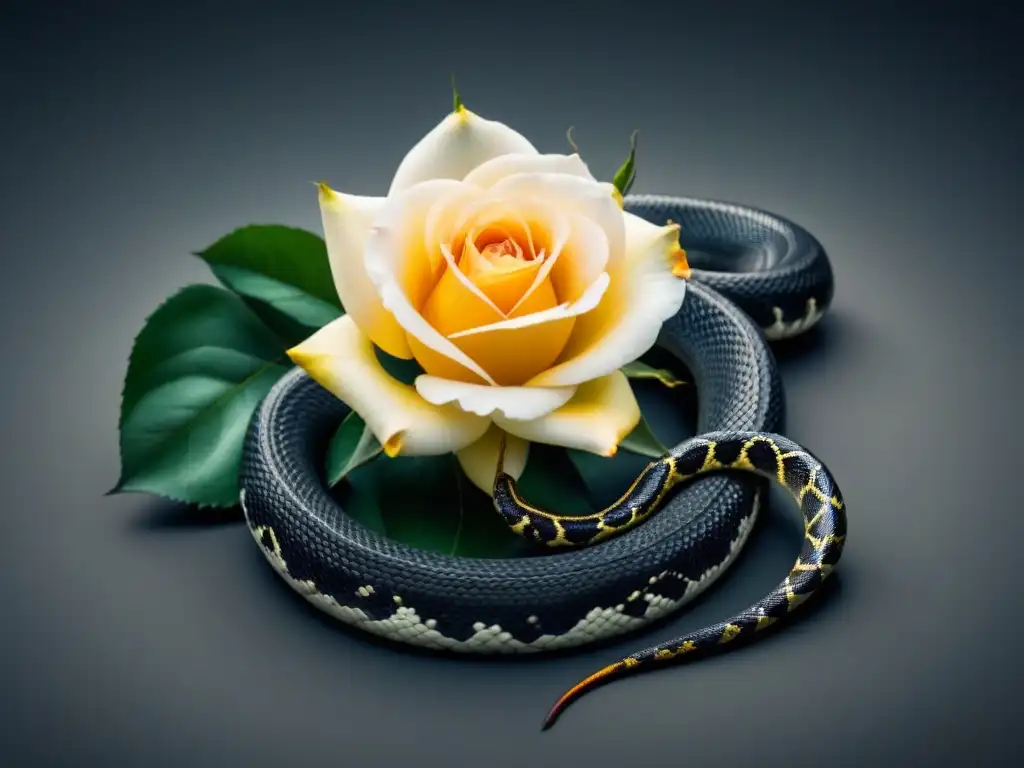 Ilustración en blanco y negro: rosa floreciente entrelazada con serpiente, simbolismo poético