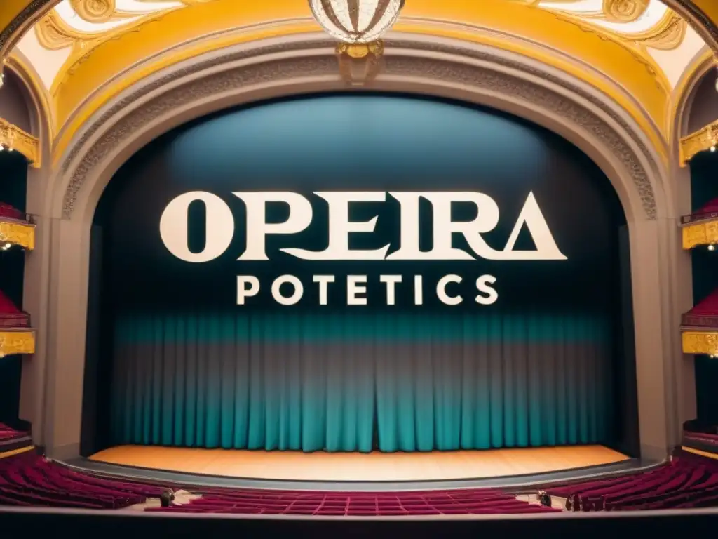 Ilustración en blanco y negro de una gran ópera con detalles arquitectónicos elegantes y marquesina 'Opera Poética'