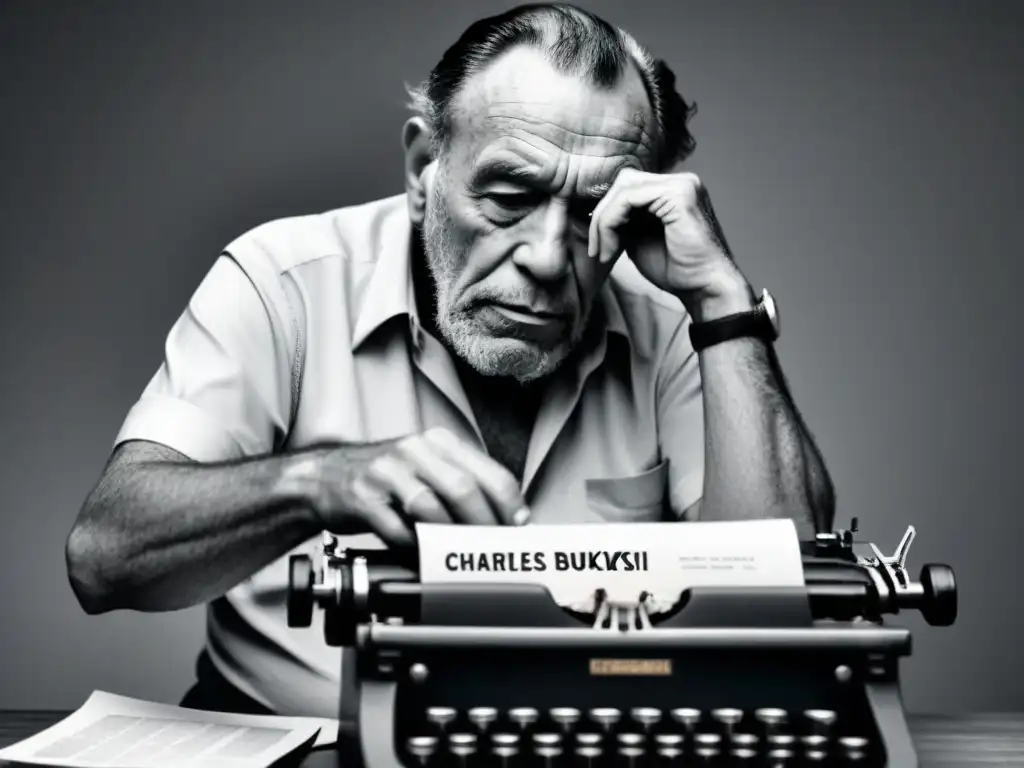 Ilustración en blanco y negro de Charles Bukowski escribiendo en su máquina de escribir, rodeado de papeles arrugados y una botella de whisky