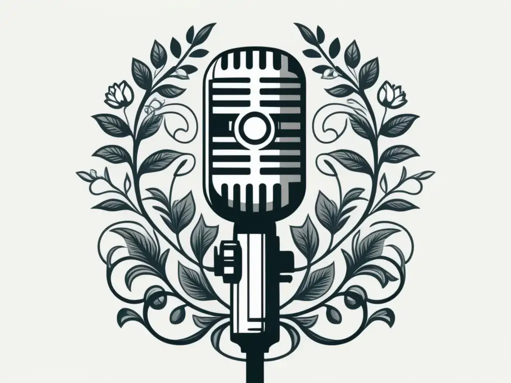 Microfono poético: fuerza y resistencia en la naturaleza Ilustración en blanco y negro de un micrófono entrelazado con enredaderas y hojas, simbolizando la poesía negra, resistencia y libertad transformadora