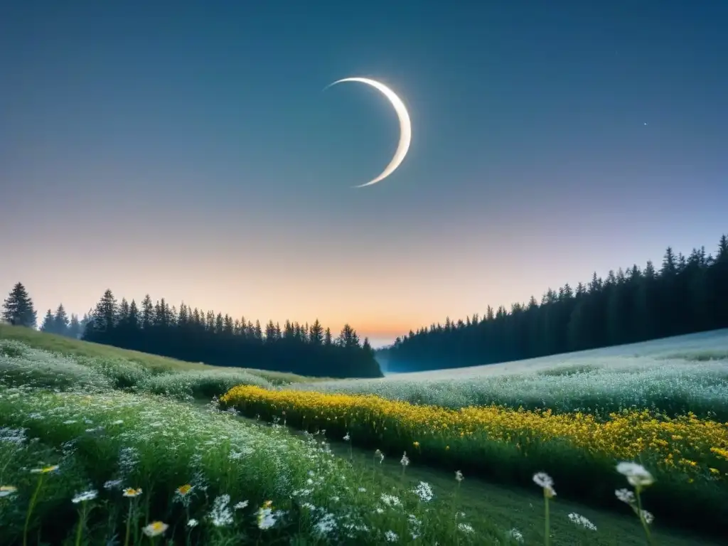 Ilustración en blanco y negro de noche serena con luna creciente en cielo, bañando prado de flores silvestres