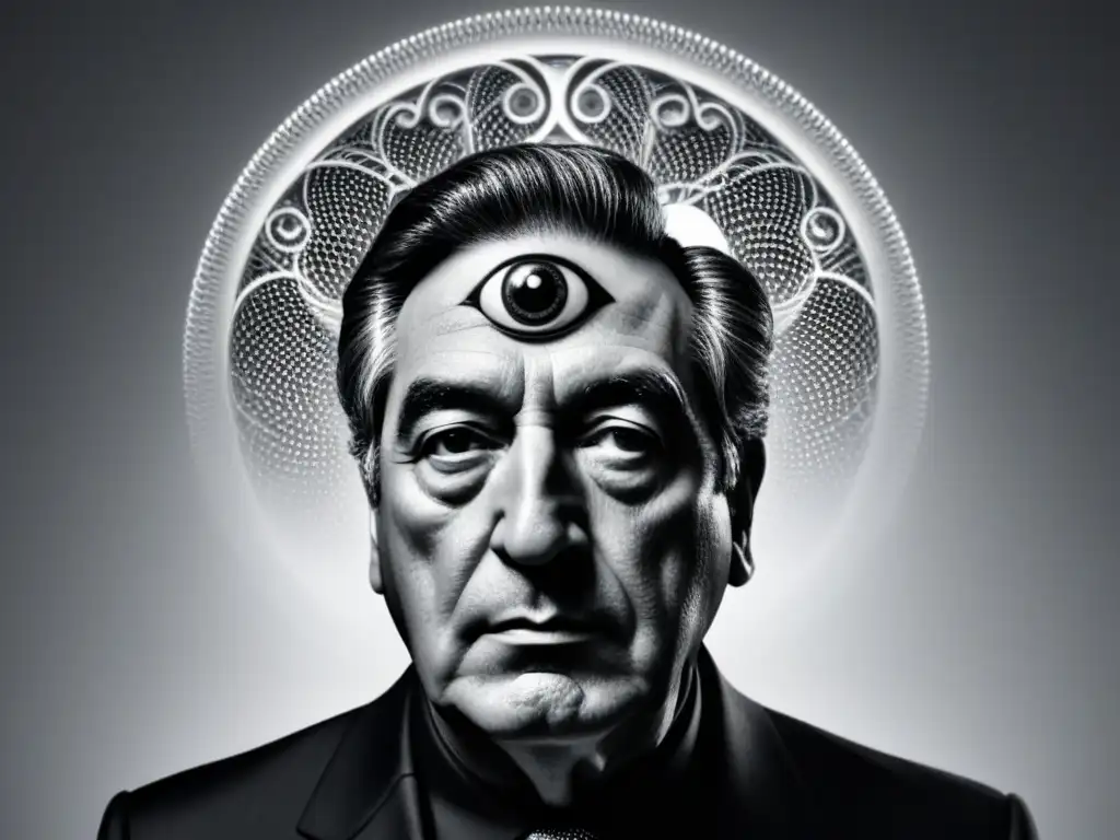 Ilustración en blanco y negro de Octavio Paz, su rostro se transforma en criaturas míticas rodeado de símbolos abstractos