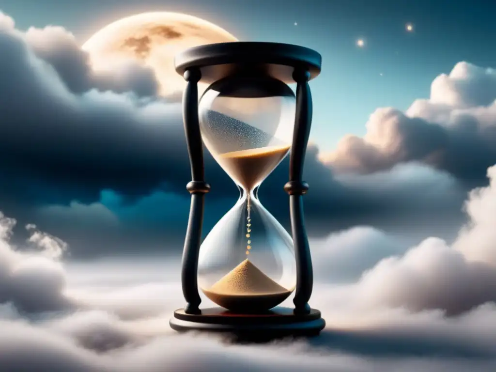 Ilustración en blanco y negro de un reloj de arena rodeado de nubes y cuerpos celestes, evocando la poesía simbolista tiempo espacio