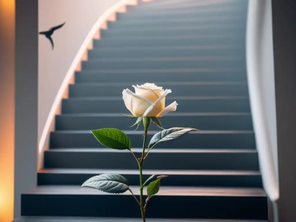 Una ilustración en blanco y negro de una rosa floreciente entrelazada con una escalera sinuosa, evocando el simbolismo en poesía lírica