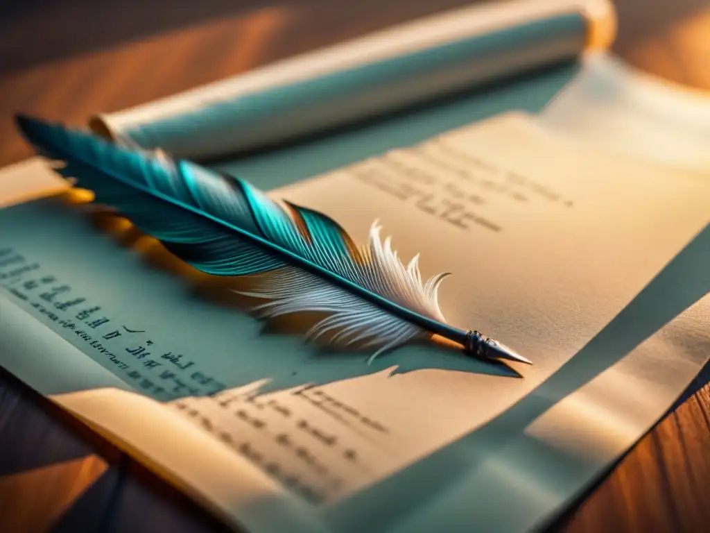 Un boli de pluma escribiendo poesía en un pergamino en blanco, simbolizando la superación personal a través de la poesía