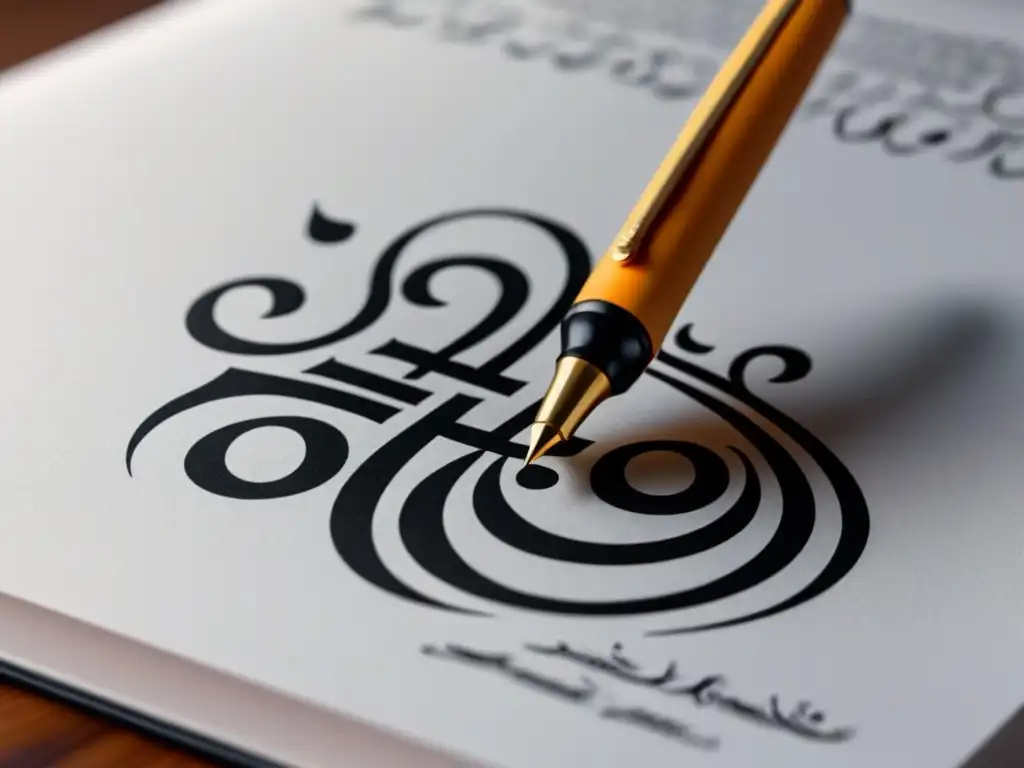 Traducción poética: la delicada danza entre dos culturas Un bolígrafo de caligrafía árabe traduce poesía de mujeres árabes a español, simbolizando la transformación cultural