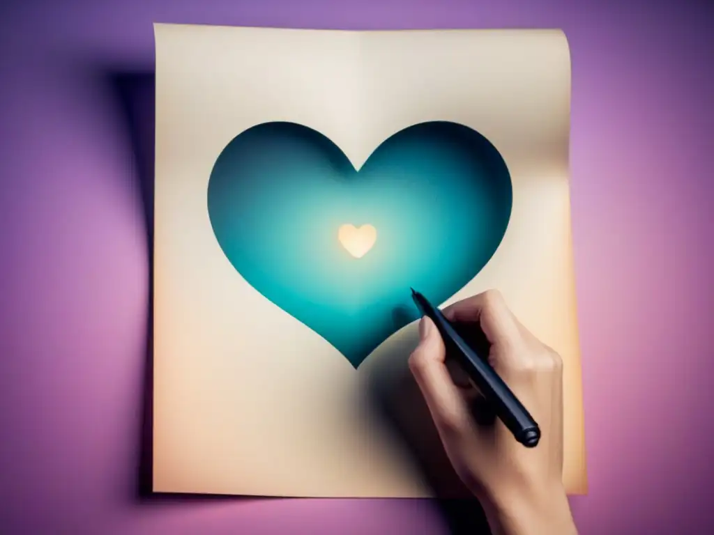 Un bolígrafo en forma de corazón escribe poemas de amor conmovedores en una página en blanco, sobre un fondo pastel suave