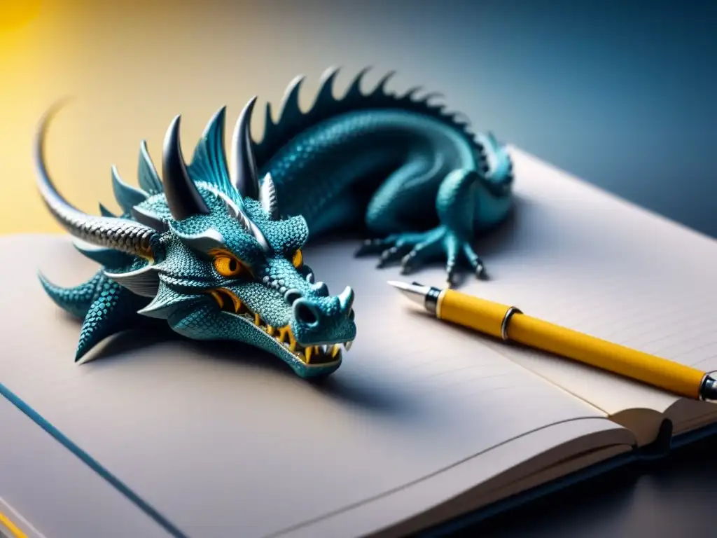 Un bolígrafo moderno reposa sobre un cuaderno blanco, proyectando una sombra de dragón, simbolizando la creatividad