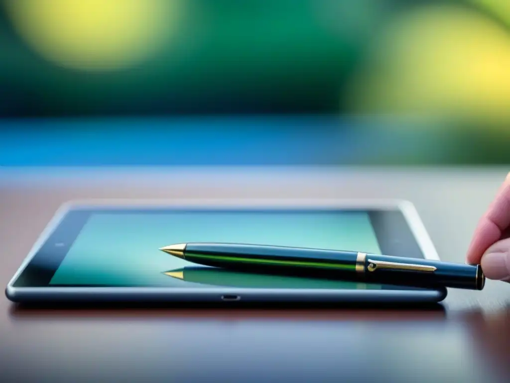 Pluma moderna sobre pantalla de tablet con app de poesía interactiva Un bolígrafo moderno sobre una tableta con app de poesía