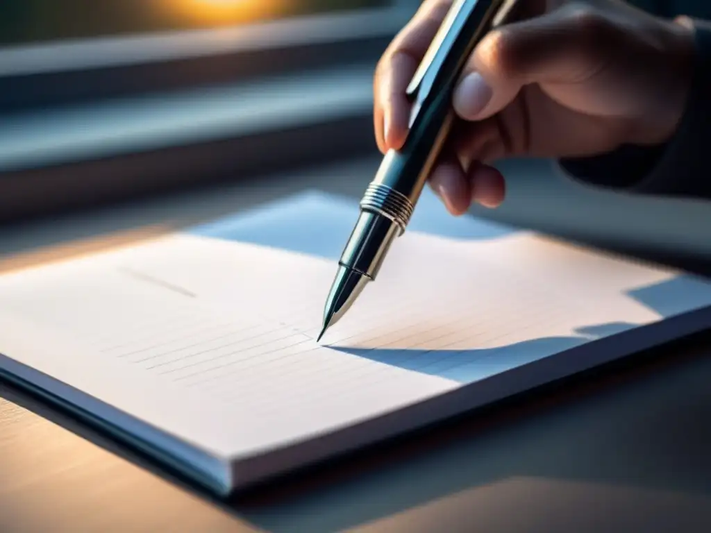 Inspiración poética: pluma plateada sobre papel blanco Un bolígrafo plateado reposa sobre un cuaderno blanco, iluminado por un rayo de sol