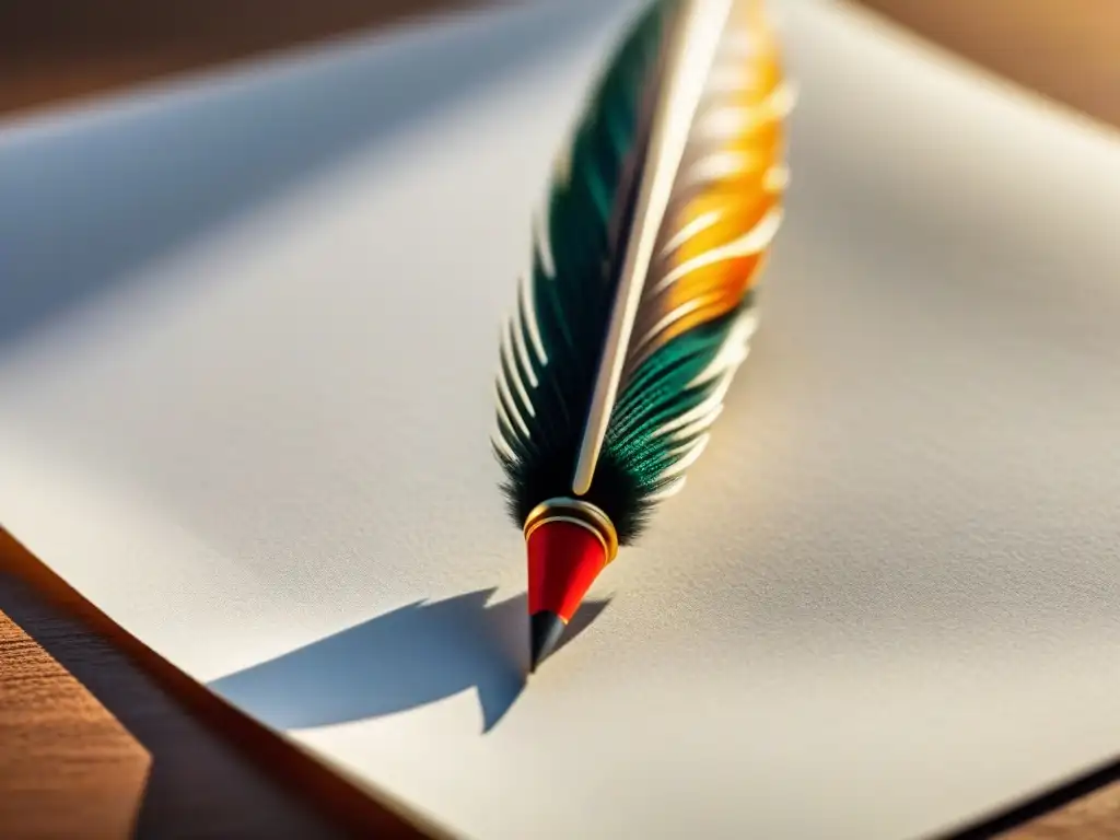 Un bolígrafo de pluma elegante descansando sobre una hoja en blanco, destacando los detalles intrincados y la innovación poética César Vallejo