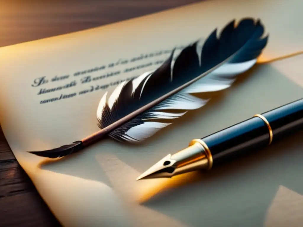Caligrafía española en pergamino: elegancia atemporal Un bolígrafo de pluma negro y blanco crea caligrafía española delicada en pergamino envejecido, iluminado por un suave rayo de luz