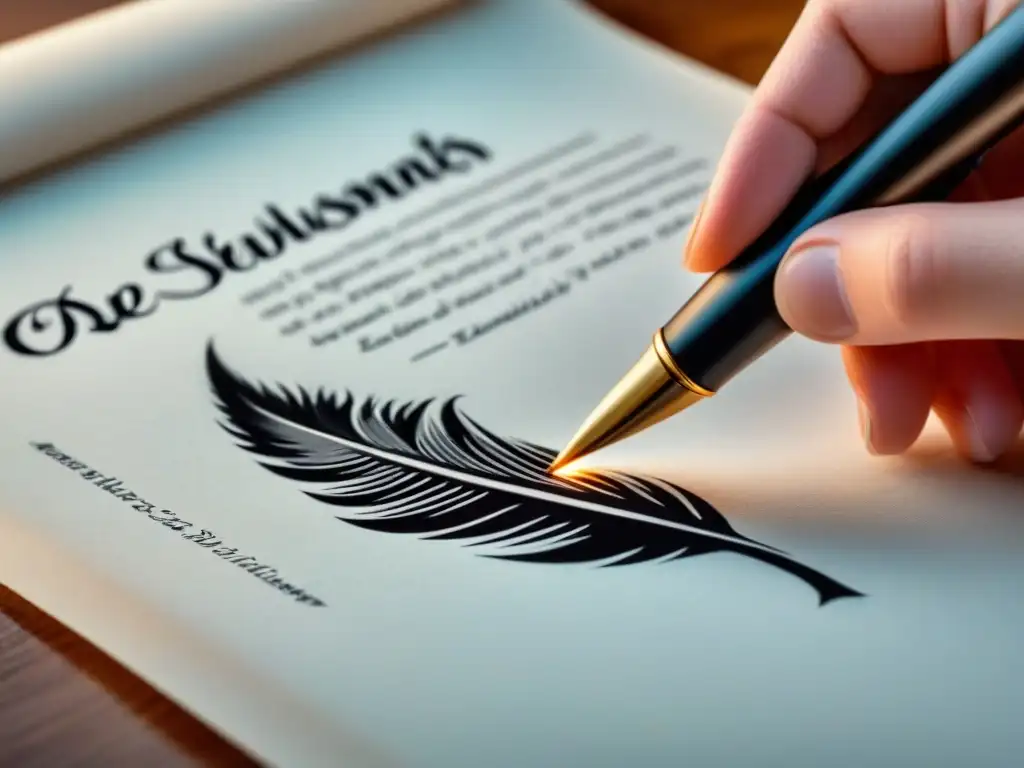 Un bolígrafo de plumas creando caligrafía única y personalizada en un pergamino blanco, capturando el estilo poético