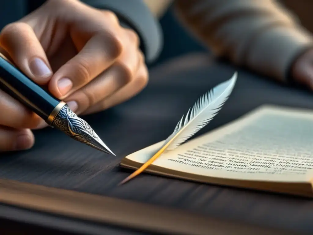 Un bolígrafo de plumas traduce con delicadeza entre idiomas, simbolizando al traductor poético en su papel creativo