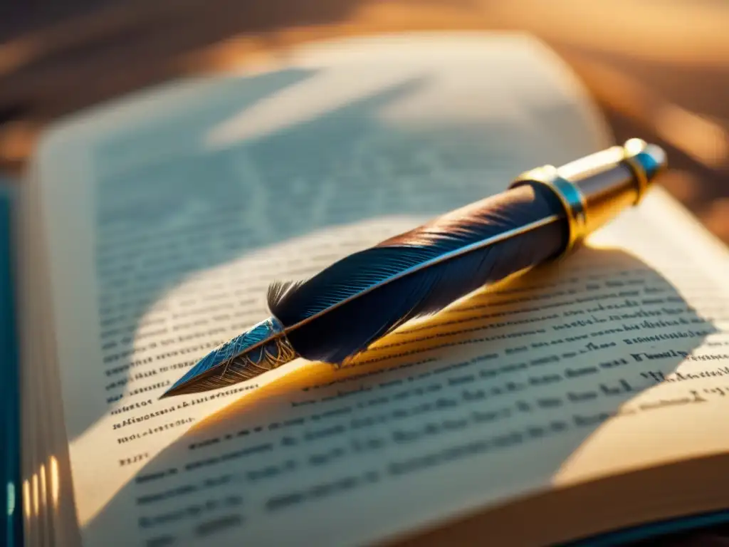 Pluma poética: símbolo de creatividad y transformación Un bolígrafo solitario reposa sobre un libro de poesía, iluminado por una cálida luz natural, destacando la transformación a través de la poesía