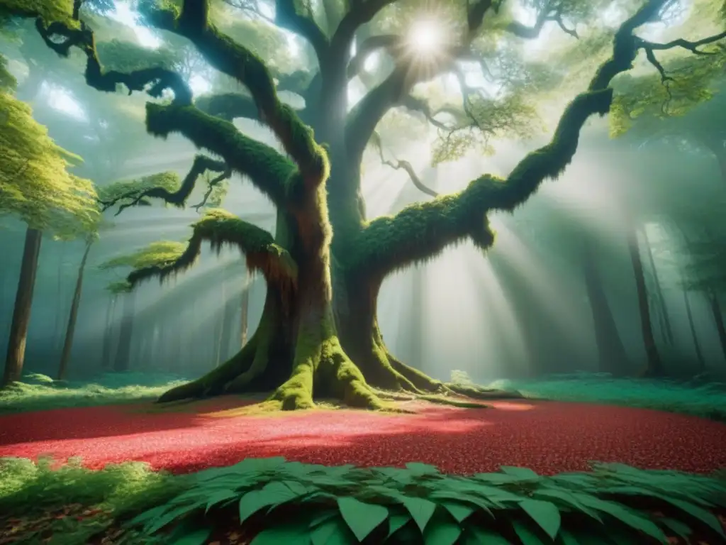 Un bosque ancestral lleno de vida, hojas verdes y luz filtrándose entre las ramas