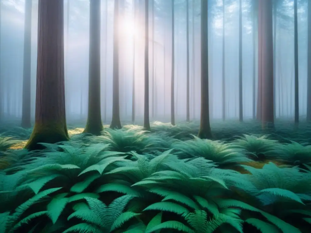 Un bosque denso al amanecer: los árboles altos y la luz crean poesía inspirada en el lenguaje de los árboles