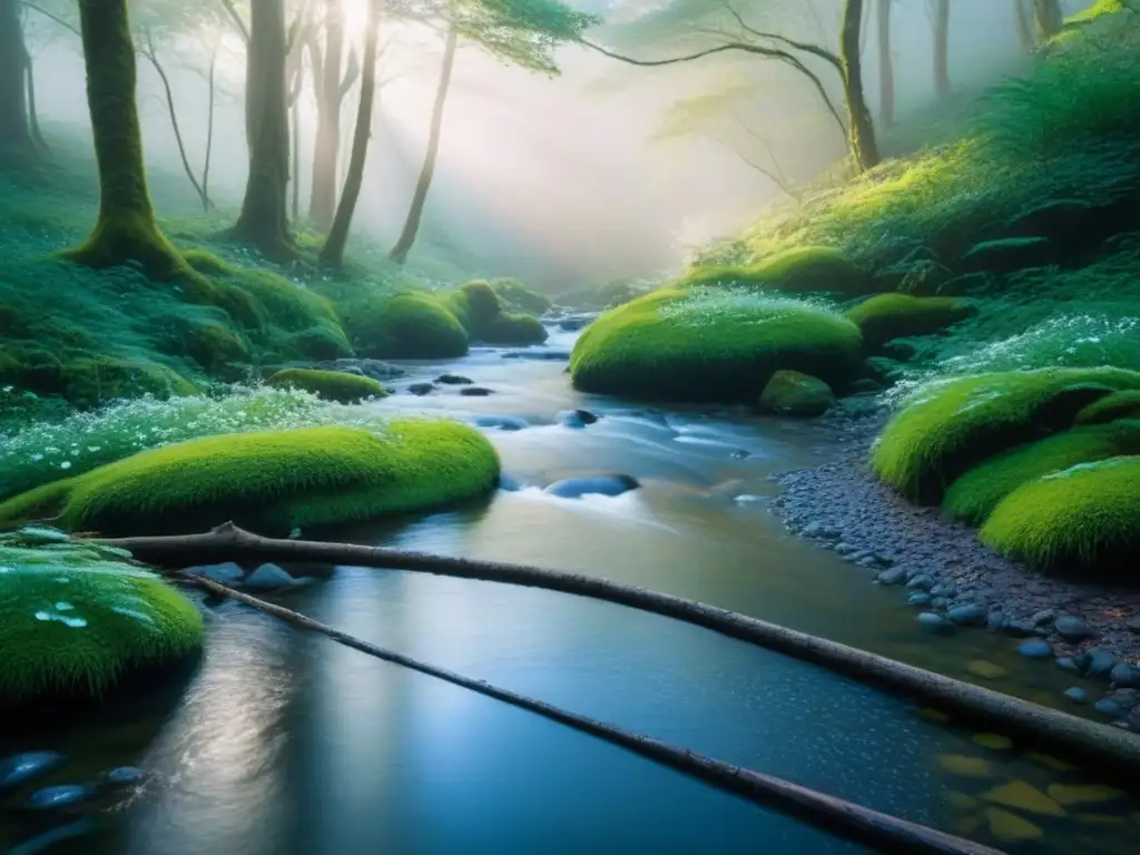 Bosque encantado al amanecer: serenidad y belleza natural Bosque encantado al amanecer con delicadas telarañas cubiertas de rocío