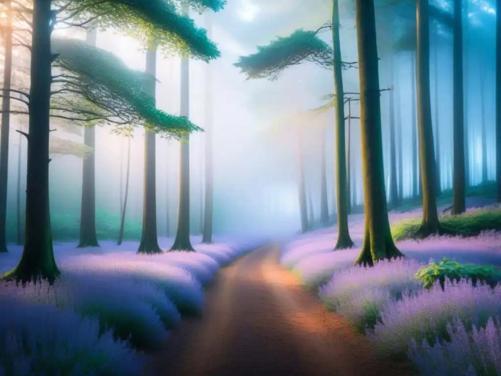 Bosque encantado al atardecer: magia y serenidad Un bosque encantado bañado por la luz del crepúsculo, invita a retiros poéticos en bosques encantados