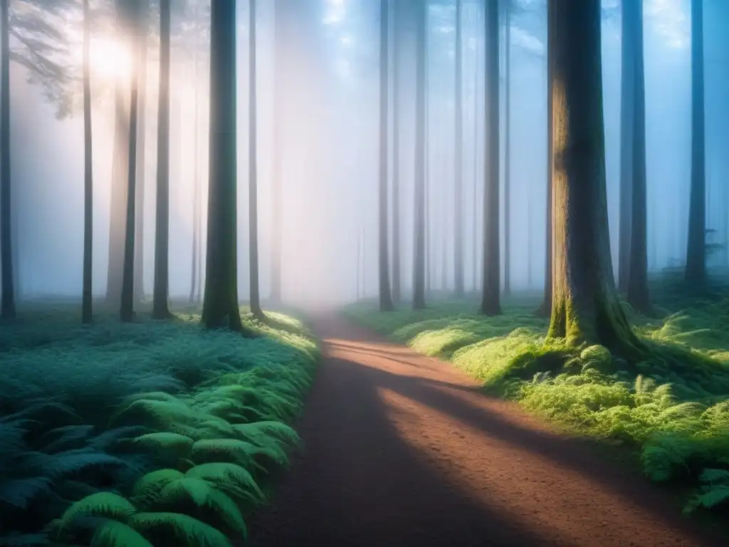 Escena mágica: bosque encantado al amanecer con luz y sombras Bosque encantado al amanecer, con la luz del sol filtrándose entre los árboles