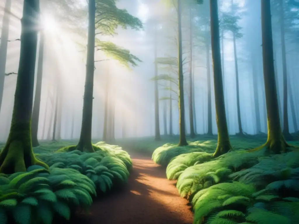 Bosque encantado: serenidad y magia verde Un bosque encantado con luz solar filtrándose entre los árboles, creando sombras en el suelo cubierto de musgo