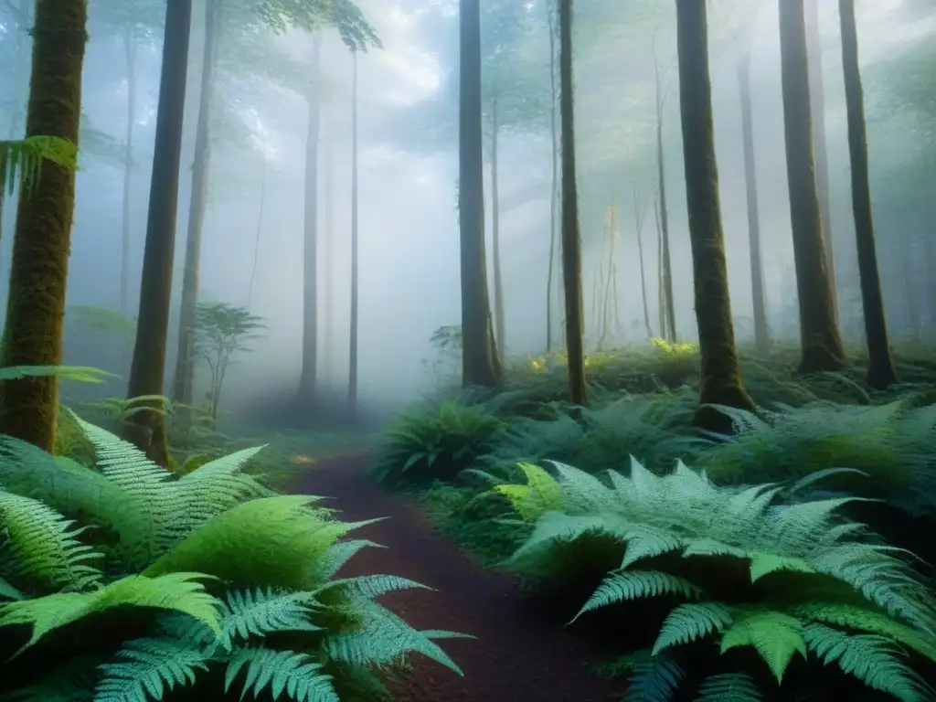 Bosque místico: luces y sombras en la serenidad Un bosque encantado y místico, iluminado por la luz etérea