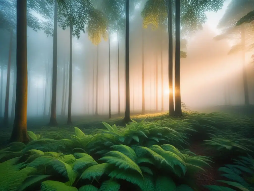 Un bosque envuelto en niebla al amanecer, con la luz del sol filtrándose entre los árboles