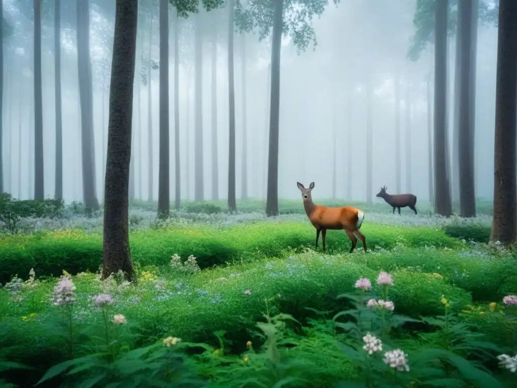 Un bosque exuberante donde animales conviven pacíficamente entre flores vibrantes y altos árboles