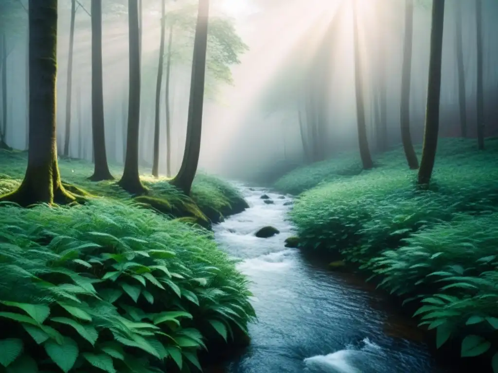 Un bosque exuberante con un arroyo y luz filtrada entre las hojas