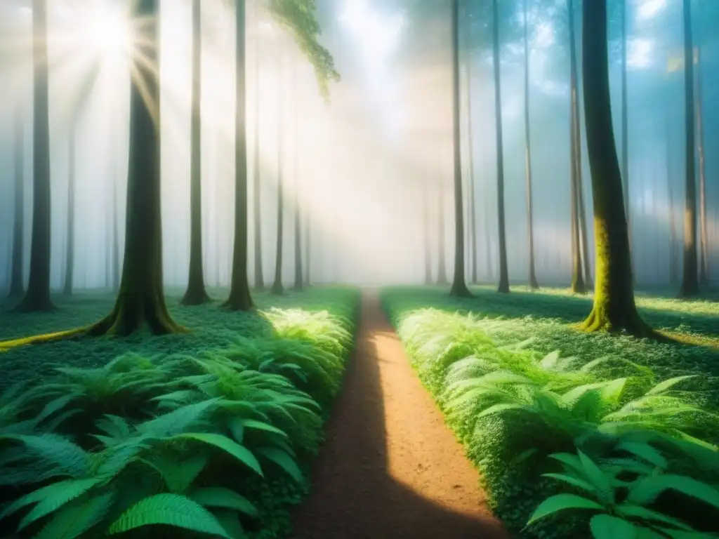 Un bosque exuberante bañado por la luz del sol, proyectando sombras en el suelo