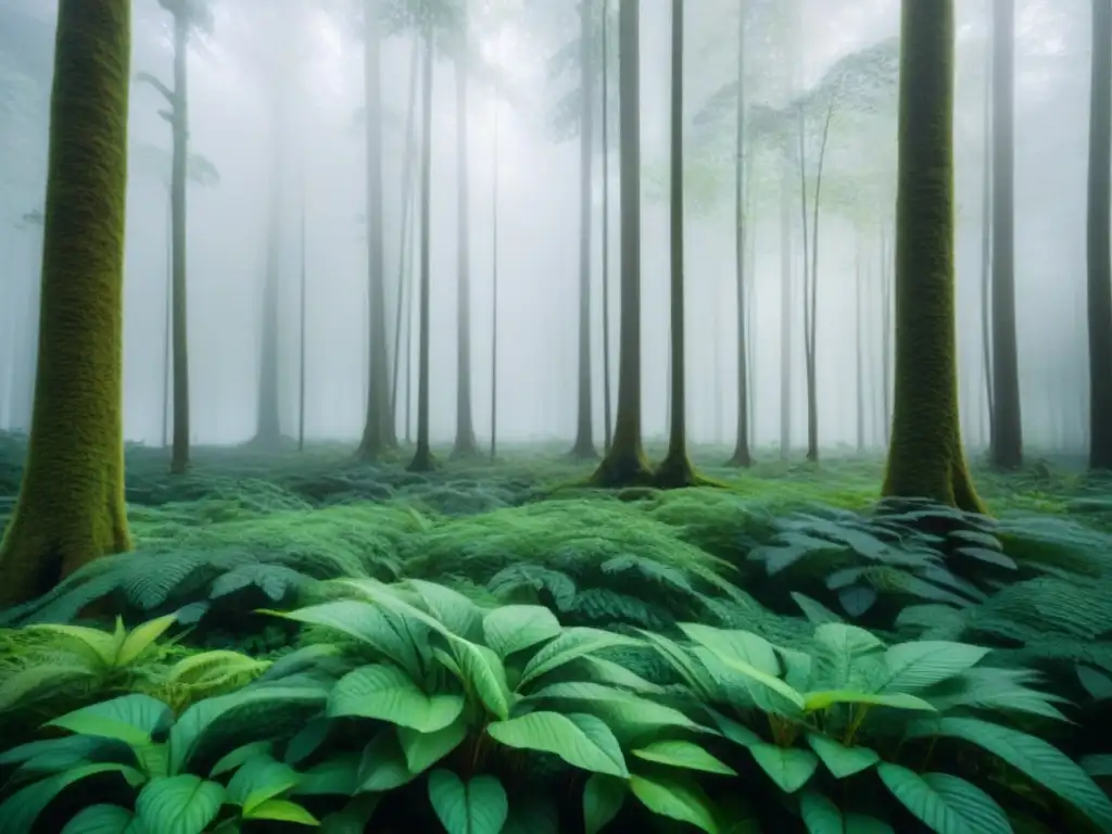 Un bosque exuberante y detallado, reflejando la importancia de la poesía transformadora en la conservación de la naturaleza