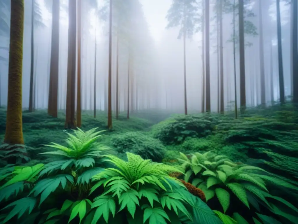 Un bosque exuberante con detalles intrincados de árboles, plantas y animales