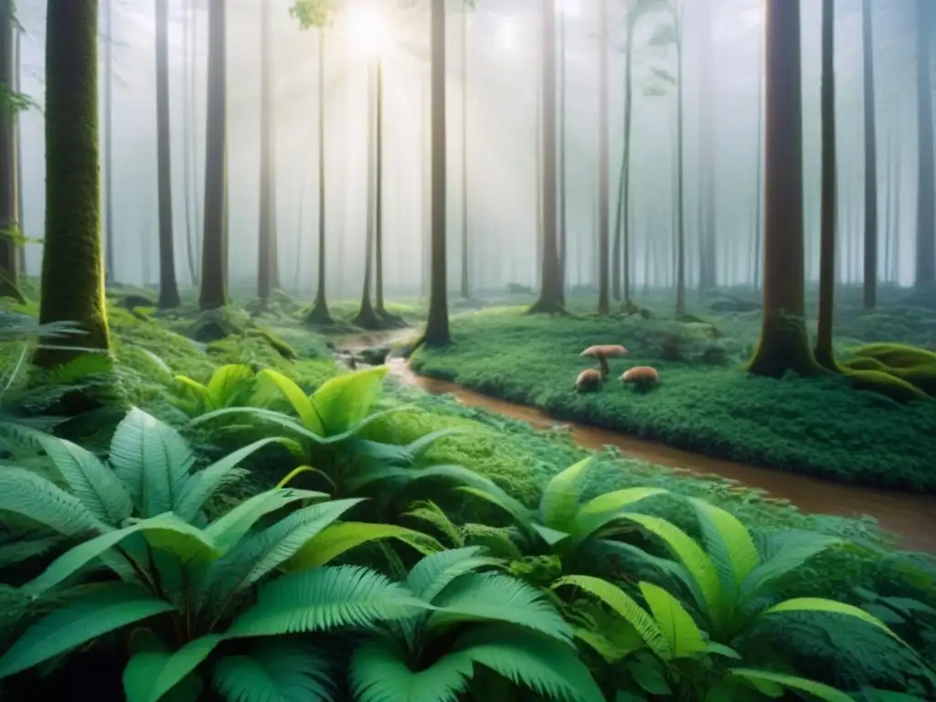 Un bosque exuberante con diversa flora y fauna en armonía, inspirando acción ambiental con detalles precisos