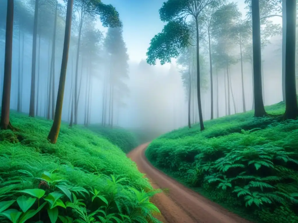 Un bosque exuberante con follaje verde vibrante y cielo azul claro, transmitiendo poesía ecológica y conciencia ambiental