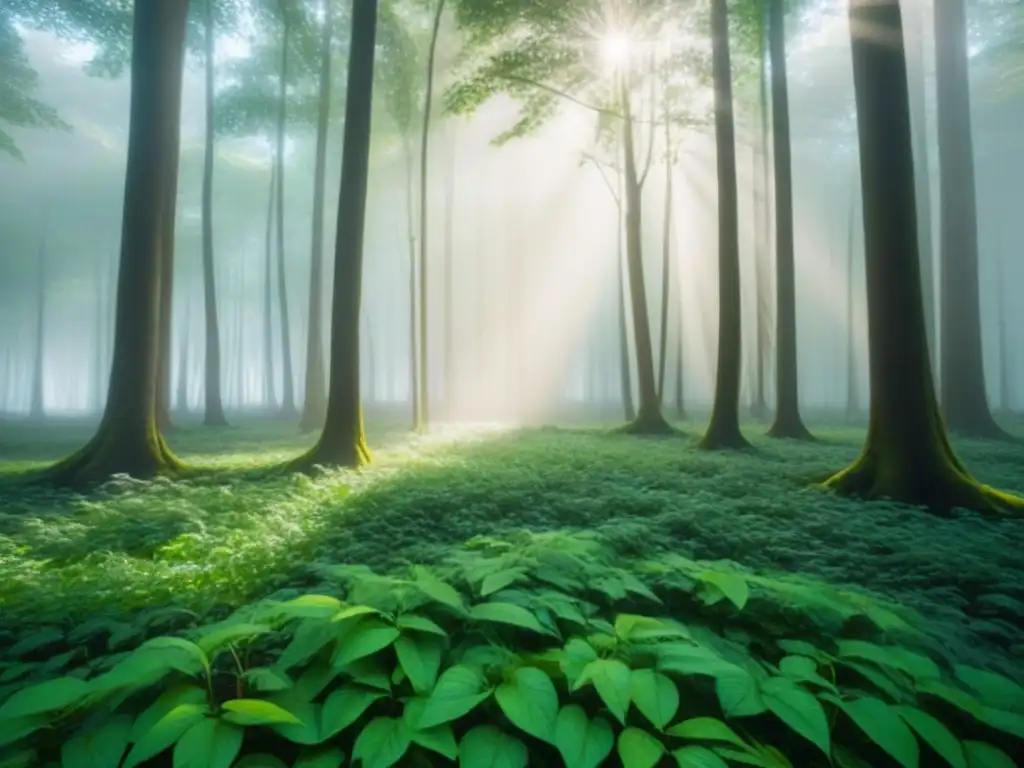 Un bosque exuberante iluminado por el sol con sombras y tranquilidad, inspirando conciencia ecocrítica a través de la poesía