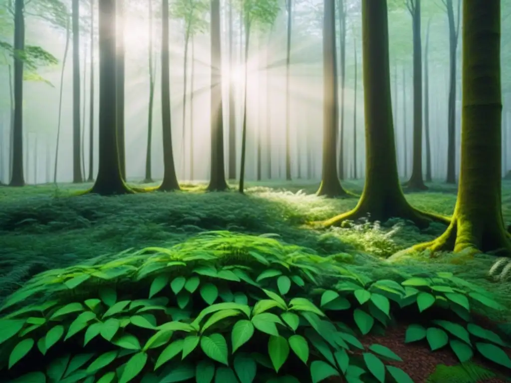 Un bosque exuberante iluminado por el sol, con sombras danzantes en el suelo