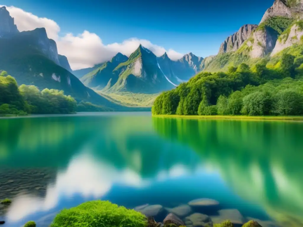 Un bosque exuberante se refleja en un lago cristalino, rodeado de montañas, bajo un cielo azul con nubes esponjosas